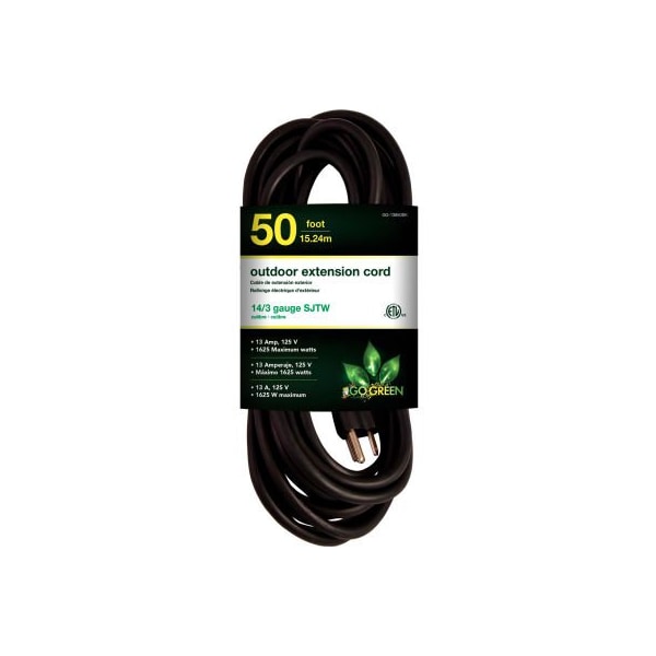 Gogreen SJTW Extension Cord, 14 AWG, Outdoor, 14/3, 1 Outlets, Black, 50 ft GG-13850BK - main